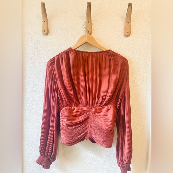 Anthropologie Current Air Long Sleeve Satin Ruched Corset Top Rust Brown Size XS - Picture 3 of 4